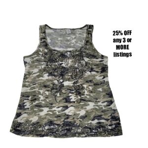 Camouflage Size 1X Plus Size Tank Top Embellished Rhinestones Vintage Camo